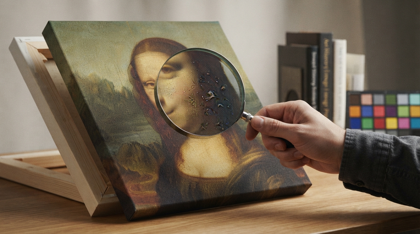 Editorial illustration: How to Spot Invented Details and Artifacts in AI Image Upscaling