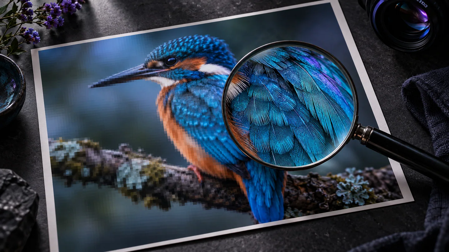A magnifying glass reveals fine feather detail in a photograph of a kingfisher.