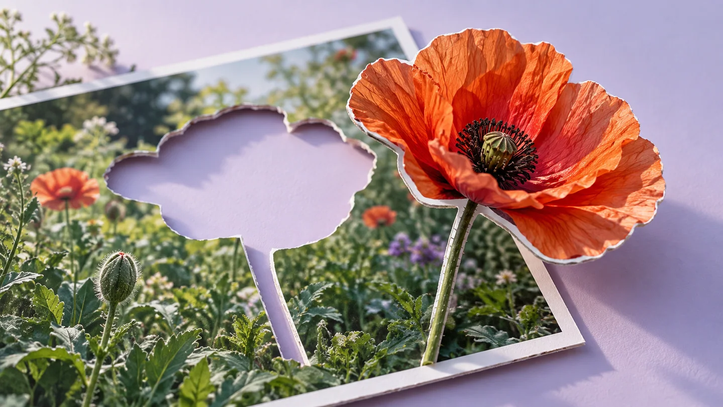 A red-orange flower cutout rises from a photograph of a garden.