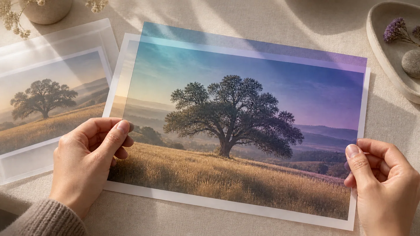 Hands compare an original photograph with a transparent color edit beside a protected copy.