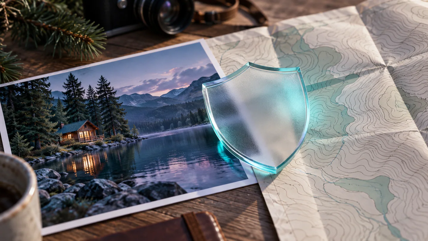 A landscape photo lies over a contour map beneath a translucent privacy shield.