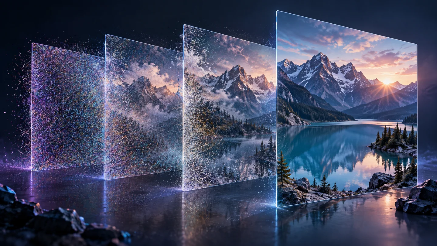 A misty mountain lake emerges across suspended layers of fine colored particles.