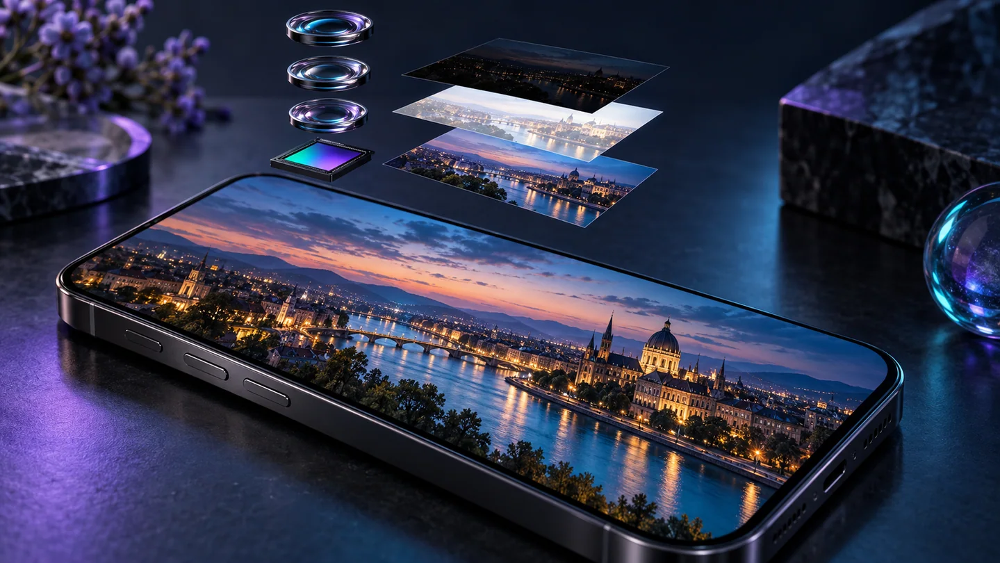A smartphone lens assembly floats above a phone displaying a detailed night city photograph.