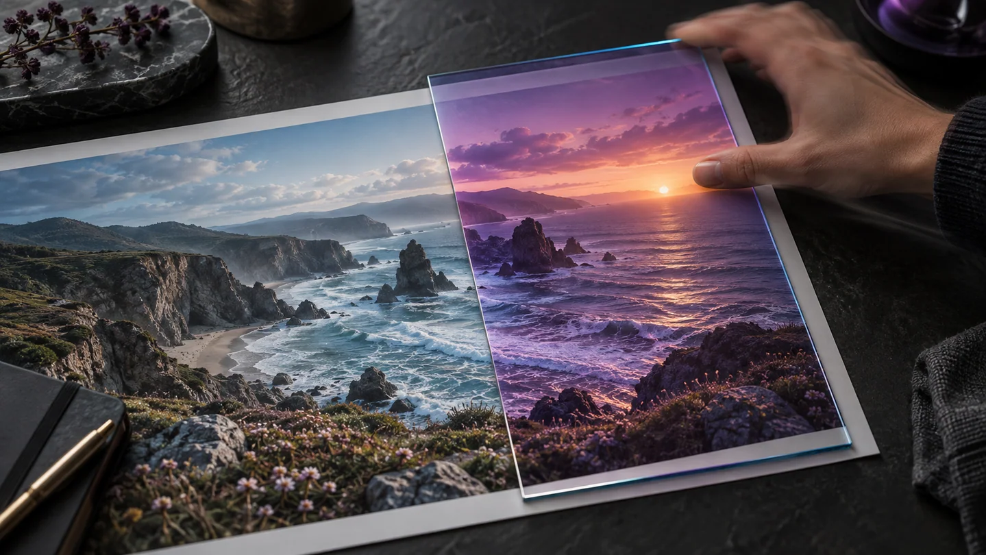A hand moves a glass panel across a coastal photograph, changing its light from day to dusk.