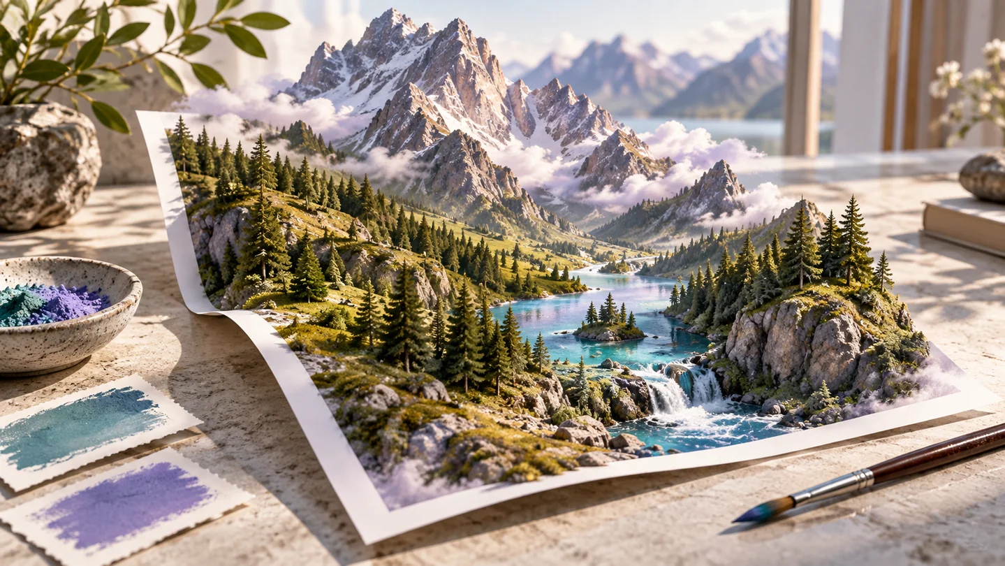 A miniature mountain valley rises from a curled photographic sheet above an artist's desk.