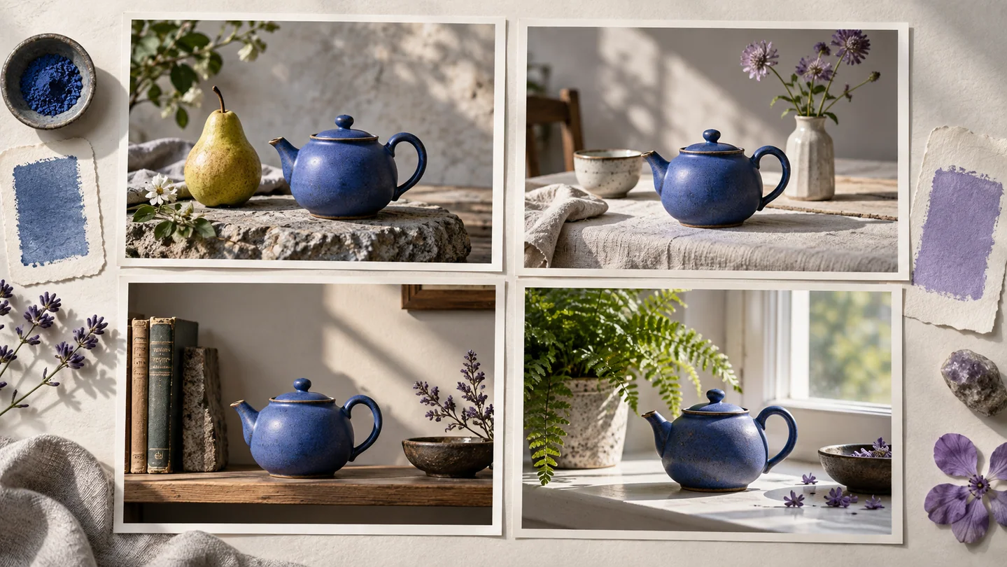 Four coordinated photographs repeat the same blue ceramic teapot across different settings.