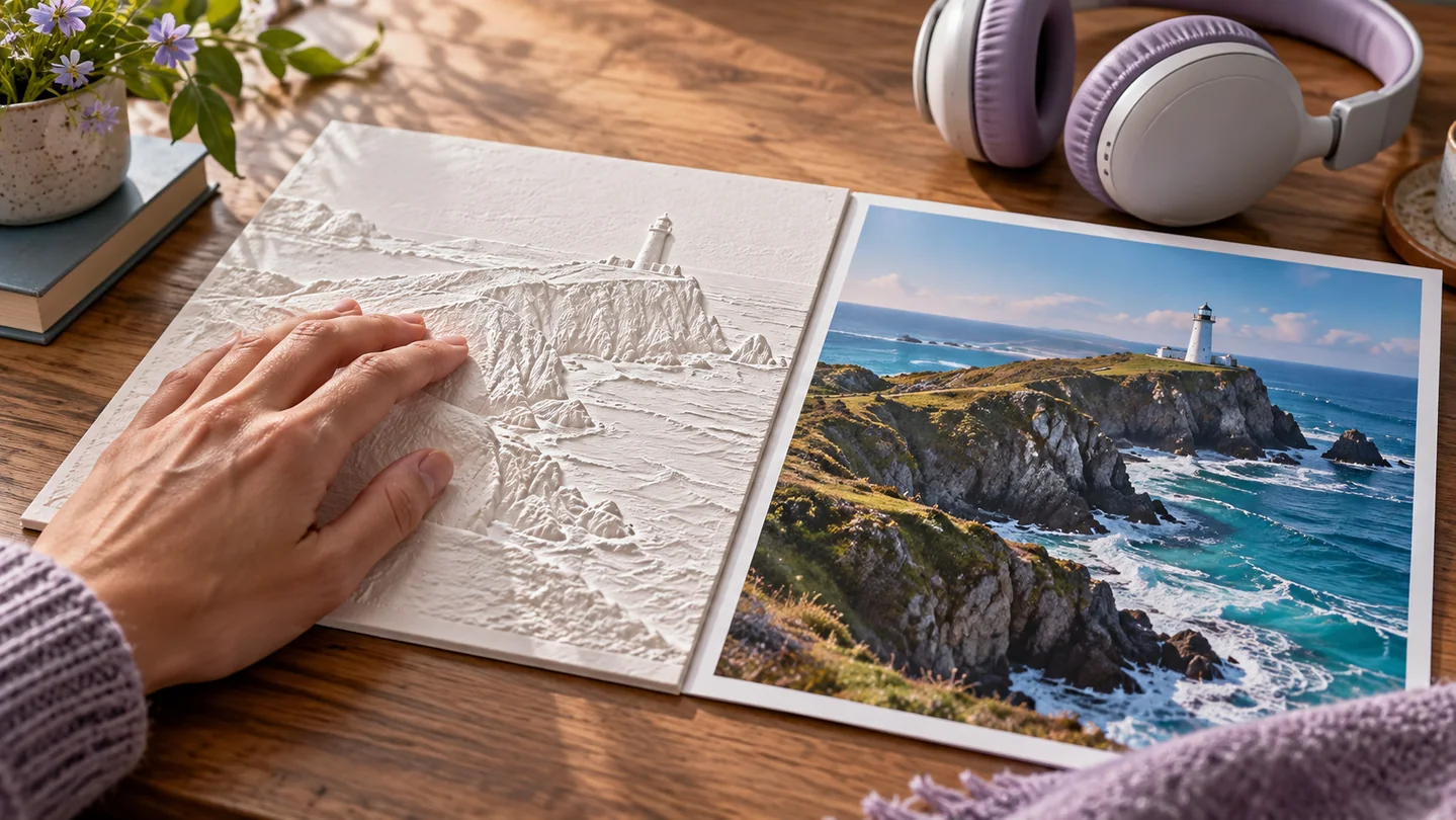 A hand explores a raised relief beside a coastal photograph and headphones.