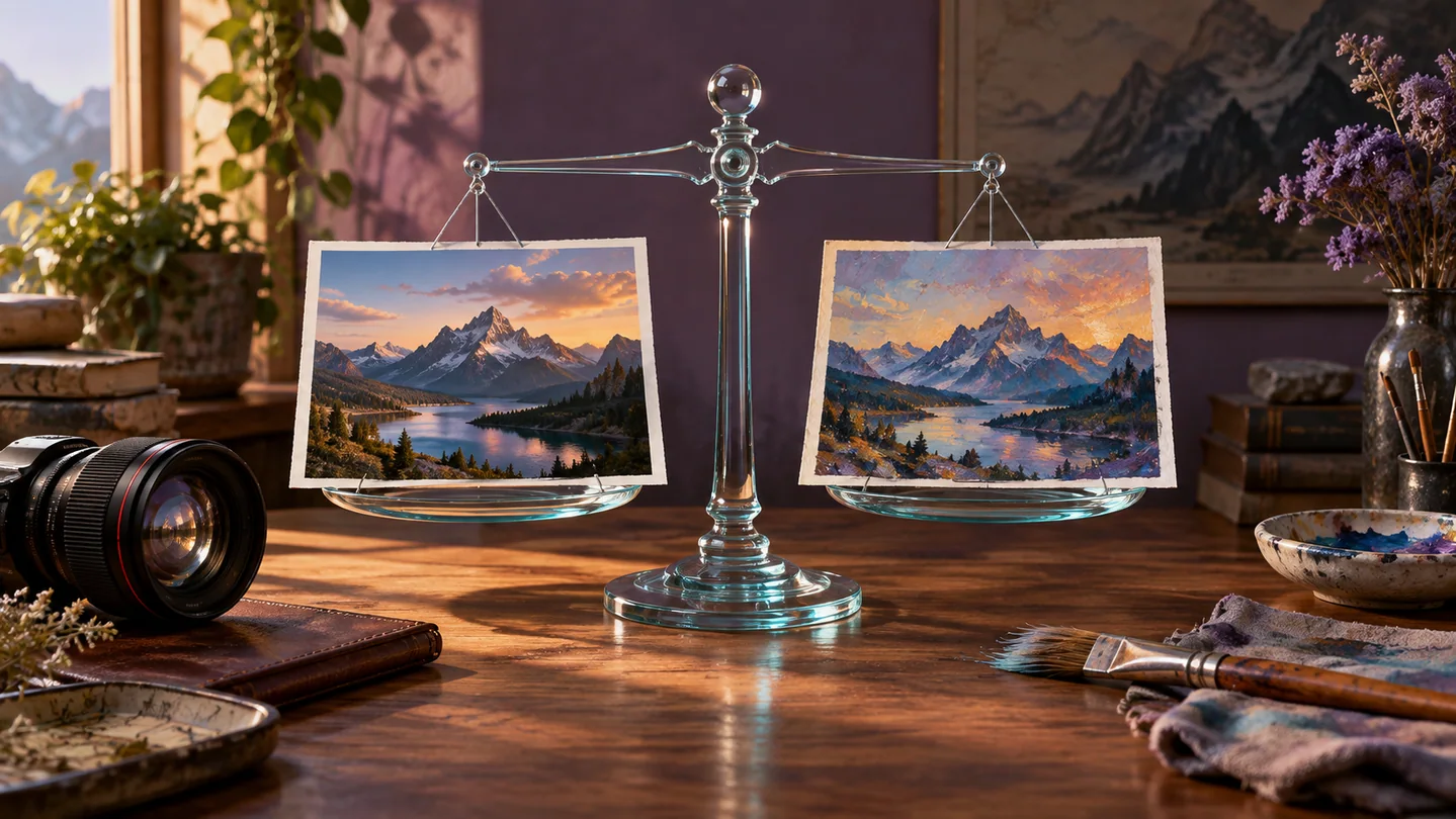 A landscape photograph and painted interpretation sit on a glass balance.