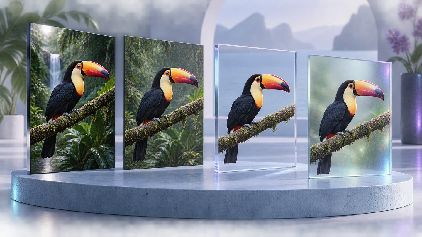Four photographic panels show a toucan against different backgrounds and surface textures.