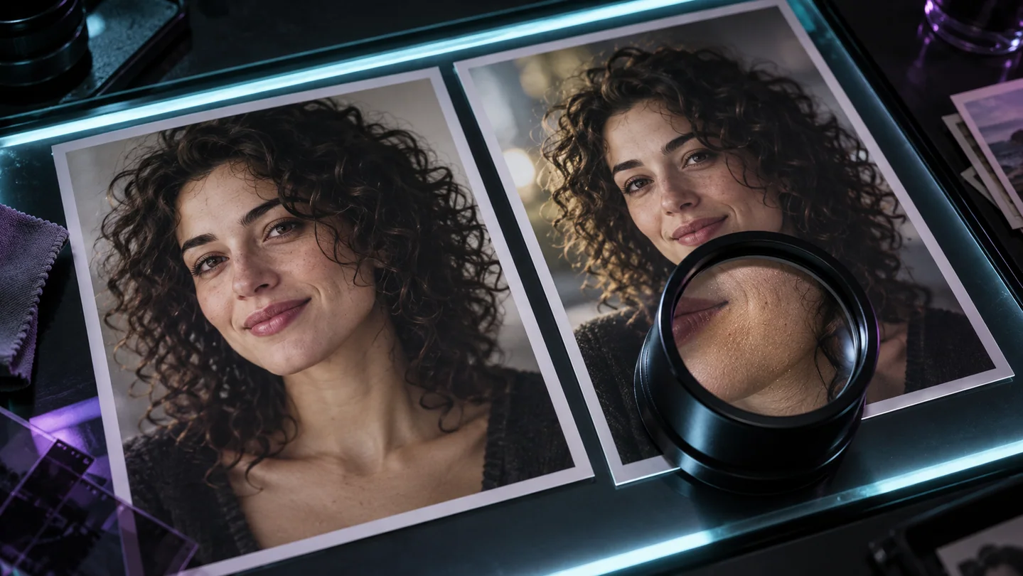 A magnifying loupe examines one of two closely matched portrait photographs.