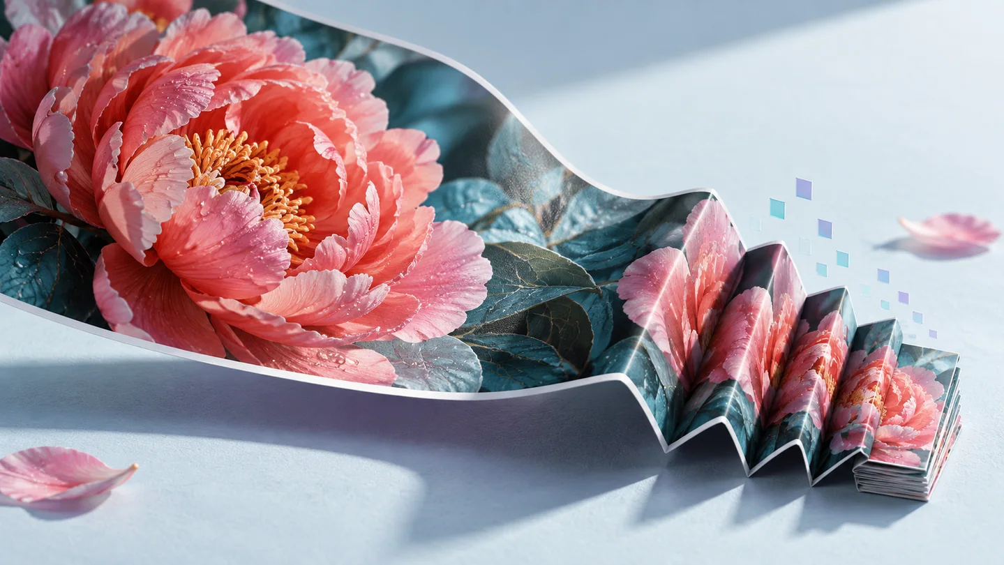 A richly detailed flower photograph transforms into a compact stack of folded image layers.