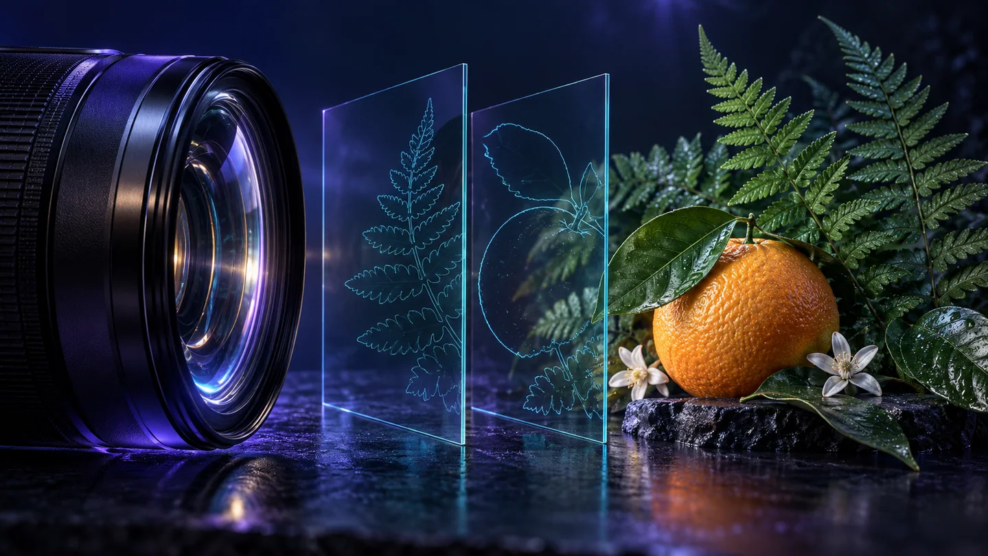 A camera lens faces a layered still life of citrus, a fern and translucent contour sheets.